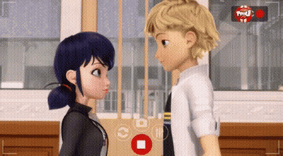 A Boy And A Girl Are Looking At Each Other In Front Of A Camera With A Red Button That Says ' Pause ' GIF