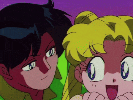 A Boy And A Girl Are Looking At Each Other With A Purple Background GIF