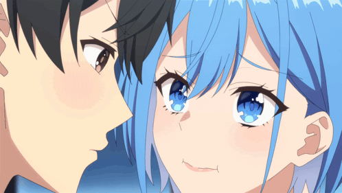 A Boy And A Girl Are Looking At Each Other With Blue Hair GIF