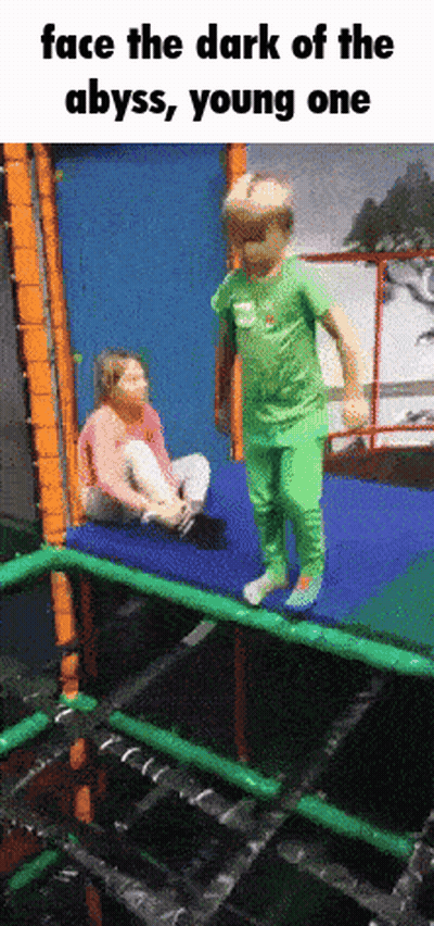 A Boy And A Girl Are Playing On A Trampoline With The Caption Face The Dark Of The Abyss , Young One GIF