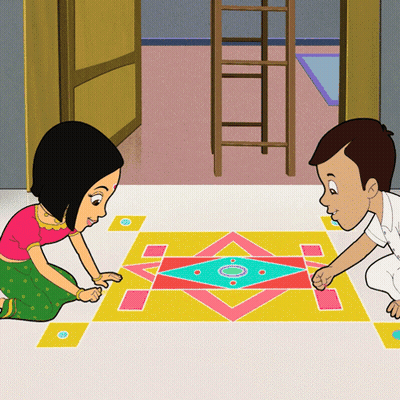 A Boy And A Girl Are Playing With A Colorful Design On A Floor GIF