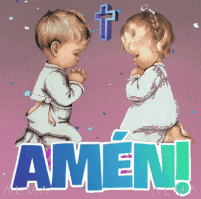 A Boy And A Girl Are Praying In Front Of A Cross And The Word Amen GIF