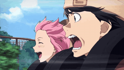 A Boy And A Girl Are Riding A Roller Coaster And The Girl Has Pink Hair GIF