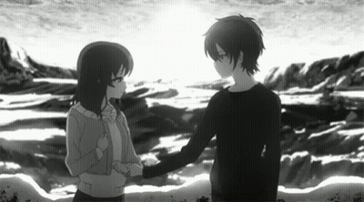 A Boy And A Girl Are Shaking Hands In Front Of A Body Of Water . GIF