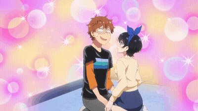 A Boy And A Girl Are Sitting Next To Each Other And The Girl Has A Blue Bow In Her Hair GIF