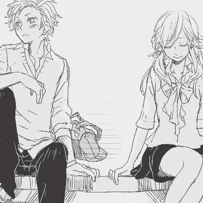 A Boy And A Girl Are Sitting Next To Each Other With Speech Bubbles With Hearts On Them GIF