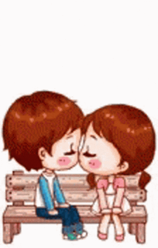 A Boy And A Girl Are Sitting On A Bench Kissing Each Other . GIF