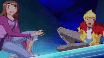 A Boy And A Girl Are Sitting On A Blue Surface GIF