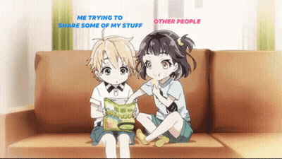 A Boy And A Girl Are Sitting On A Couch With The Words " Me Trying To Share Some Of My Stuff " On The Bottom GIF