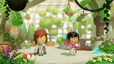 A Boy And A Girl Are Standing In A Garden With Plants And Flowers GIF