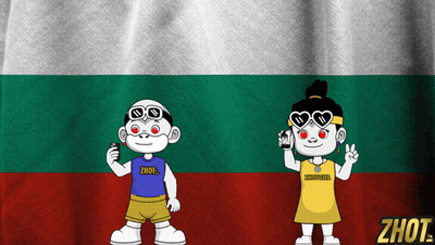 A Boy And A Girl Are Standing In Front Of A Bulgarian Flag And The Girl Is Wearing A Shirt That Says Zhot GIF