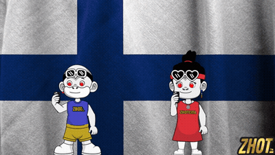 A Boy And A Girl Are Standing In Front Of A Finland Flag And The Girl Is Wearing A Shirt That Says Zhot GIF