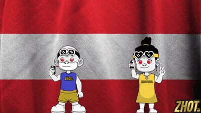 A Boy And A Girl Are Standing In Front Of A Flag And The Girl Is Wearing A Shirt That Says Zhot GIF