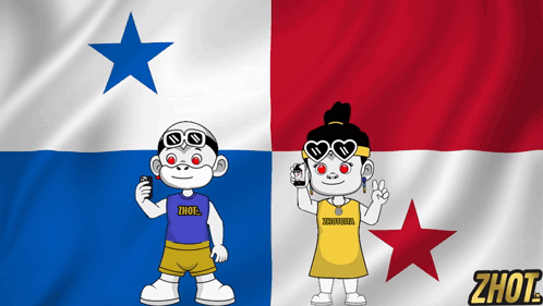 A Boy And A Girl Are Standing In Front Of A Flag That Says ' Zhot ' On It GIF