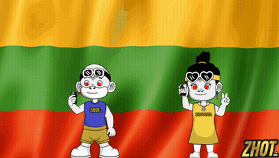 A Boy And A Girl Are Standing In Front Of A Flag That Says ' Zhot ' On The Bottom GIF