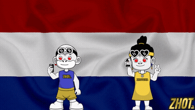 A Boy And A Girl Are Standing In Front Of A Flag With The Word Shot On It GIF