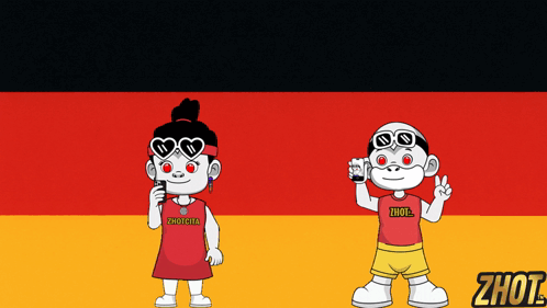 A Boy And A Girl Are Standing In Front Of A German Flag And Their Shirts Say Zhout GIF