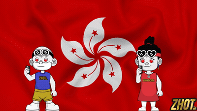 A Boy And A Girl Are Standing In Front Of A Hong Kong Flag And The Girl Is Wearing A Shirt That Says Zhot GIF