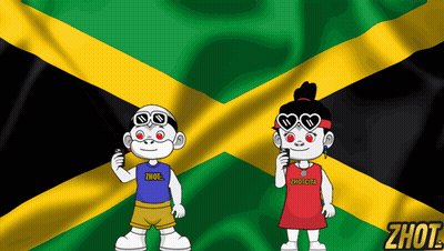 A Boy And A Girl Are Standing In Front Of A Jamaican Flag And The Girl Is Wearing A Shirt That Says Zhot GIF