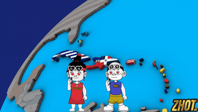 A Boy And A Girl Are Standing In Front Of A Map Of The World And The Word Zhot Is On The Bottom GIF