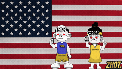 A Boy And A Girl Are Standing In Front Of An American Flag And The Girl Is Wearing A Shirt That Says Zhout GIF