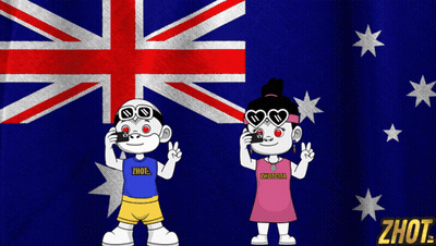 A Boy And A Girl Are Standing In Front Of An Australian Flag And The Girl Is Wearing A Shirt That Says Zhout GIF