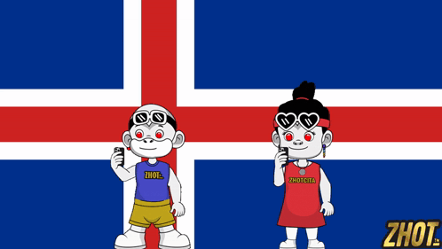 A Boy And A Girl Are Standing In Front Of An Icelandic Flag And The Girl Is Wearing A Shirt That Says Zhot GIF