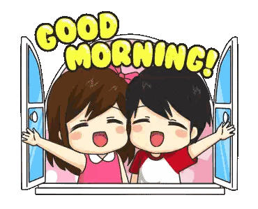 A Boy And A Girl Are Standing In Front Of An Open Window With The Words Good Morning Written Above Them Sticker