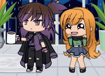 A Boy And A Girl Are Standing Next To Each Other And The Boy Is Holding A Cup Of Coffee GIF