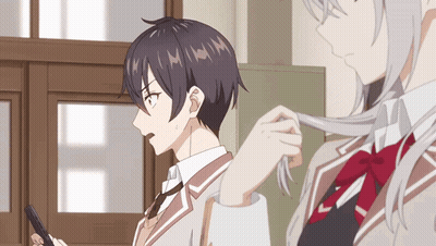 A Boy And A Girl Are Standing Next To Each Other And The Girl Is Holding The Boy 'S Hair GIF