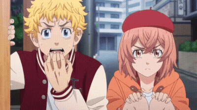 A Boy And A Girl Are Standing Next To Each Other And The Girl Is Wearing A Beret GIF