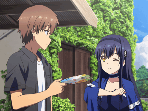 A Boy And A Girl Are Standing Next To Each Other And The Girl Is Wearing A Blue Kimono GIF