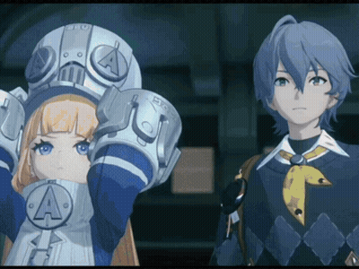 A Boy And A Girl Are Standing Next To Each Other And The Girl Is Wearing A Helmet That Says A On It GIF