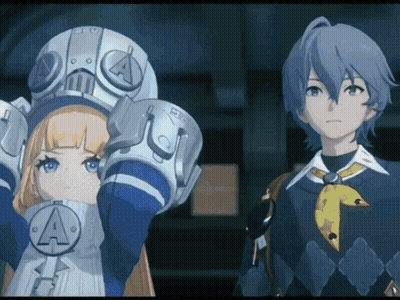 A Boy And A Girl Are Standing Next To Each Other And The Girl Is Wearing A Helmet With A Letter A On It GIF