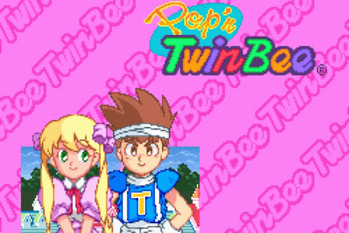 A Boy And A Girl Are Standing Next To Each Other And The Words Twin Bee Twin Bee GIF