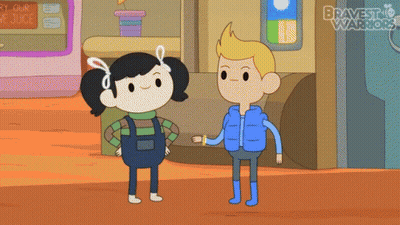 A Boy And A Girl Are Standing Next To Each Other In Front Of A Sign That Says " Brave Star Warriors " GIF