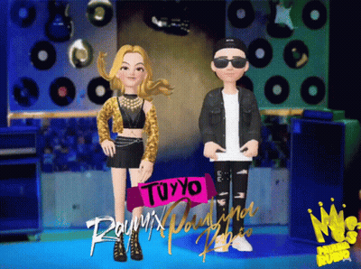 A Boy And A Girl Are Standing Next To Each Other In Front Of A Sign That Says Tuyyo GIF