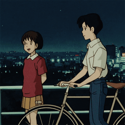 A Boy And A Girl Are Standing Next To Each Other On A Balcony With A Bicycle In The Foreground GIF