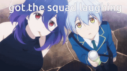 A Boy And A Girl Are Standing Next To Each Other With A Caption That Says Got The Squad Laughing GIF