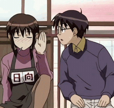 A Boy And A Girl Are Standing Next To Each Other With The Girl Wearing An Apron With Chinese Characters GIF