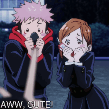 A Boy And A Girl Are Standing Next To Each Other With The Words Aww Cute Written On The Bottom GIF