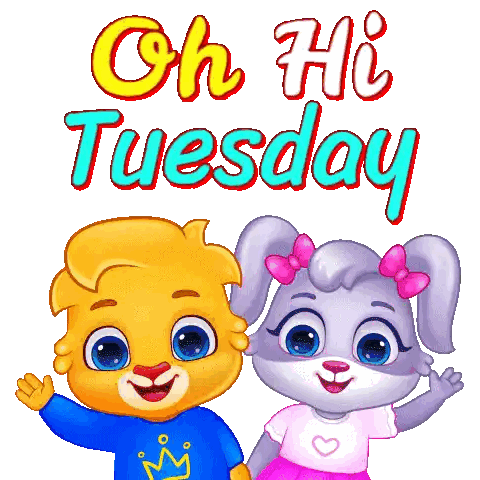 A Boy And A Girl Are Standing Next To Each Other With The Words Oh Hi Tuesday Behind Them Sticker