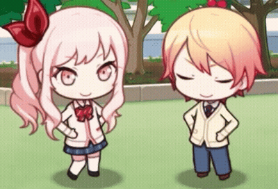 A Boy And A Girl Are Standing Next To Each Other With Their Hands On Their Hips In A Park . GIF