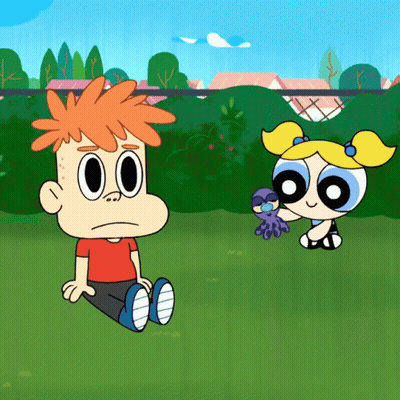 A Boy And A Girl From The Powerpuff Girls Are Sitting In A Park GIF