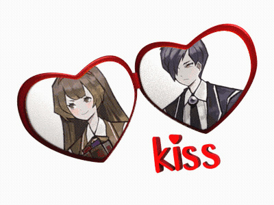 A Boy And A Girl In A Heart Shaped Frame With The Word Kiss Below Them GIF