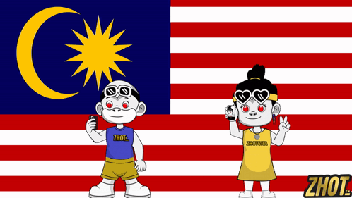 A Boy And A Girl In Front Of A Malaysian Flag GIF