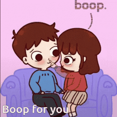 A Boy And A Girl Sitting On A Couch With The Words Boop For You Below Them GIF