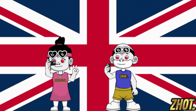 A Boy And A Girl Standing In Front Of A British Flag With Zhot Written On The Bottom GIF