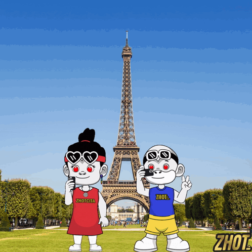 A Boy And A Girl Standing In Front Of The Eiffel Tower Wearing Zhot Shirts GIF