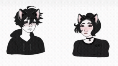A Boy And A Girl With Cat Ears Are Standing Next To Each Other On A White Background . GIF